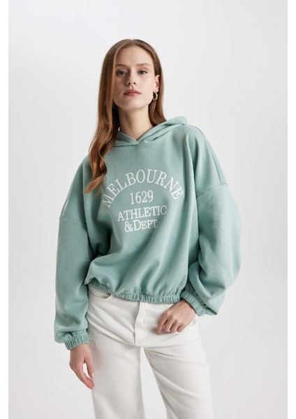 Relax Fit Kapüşonlu Baskılı Etek Ucu Lastikli Kalın Sweatshirt C4073AX23CW