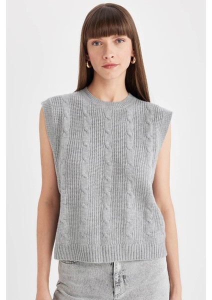 Regular Fit Bisiklet Yaka Basic Düz Saç Örgü Desenli Triko Süveter C9041AX24WN