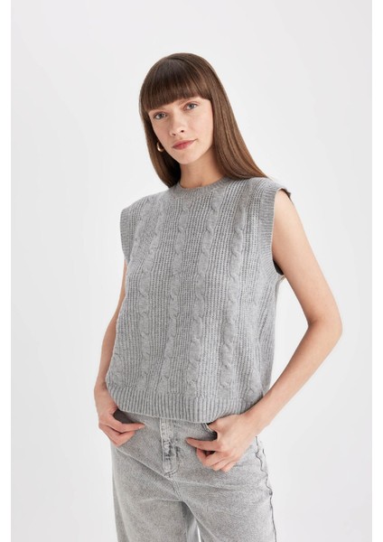 Regular Fit Bisiklet Yaka Basic Düz Saç Örgü Desenli Triko Süveter C9041AX24WN fırsatları