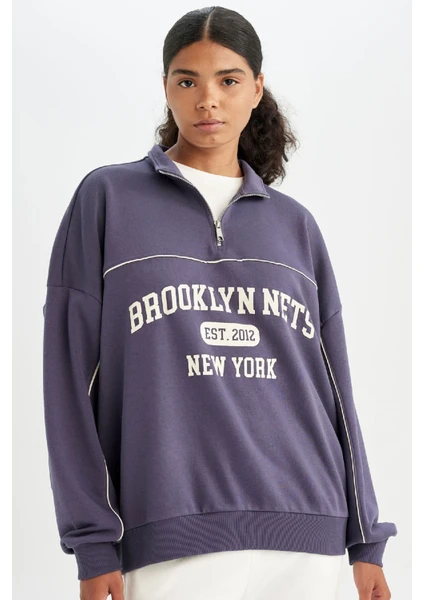 DeFactoFit NBA Brooklyn Nets Oversize Geniş Kalıp Yarım Fermuarlı Dik Yaka Sweatshirt C8246AX24AU