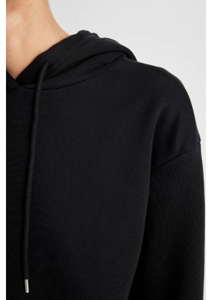 Relax Fit Kapüşonlu Kanguru Cepli Kalın Basic Düz Siyah Sweatshirt W1240AZ24WN