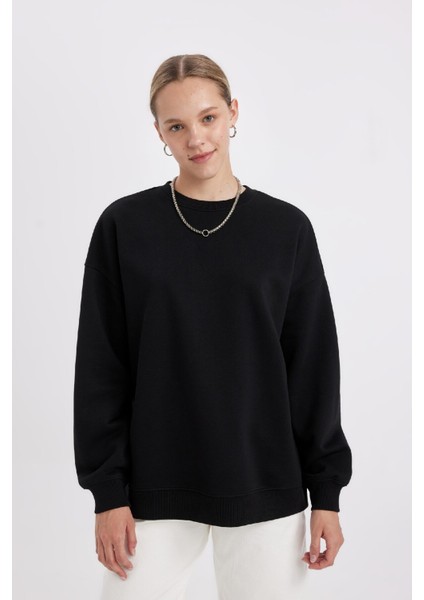 Okula Dönüş Oversize Geniş Kalıp Bisiklet Yaka Basic Düz Kalın Sweatshirt Y1346AZ24WN