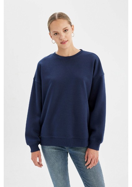 Oversize Geniş Kalıp Bisiklet Yaka Kalın Basic Düz Sweatshirt Y1346AZ24WN