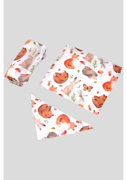 Bebek 2 Katlı Müslin Kumaş Pamuklu Kundak Örtüsü + Önlük + Ağız Mendili 3'lü Kundak Set
