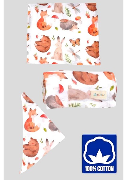 Bebek 2 Katlı Müslin Kumaş Pamuklu Kundak Örtüsü + Önlük + Ağız Mendili 3'lü Kundak Set modelleri