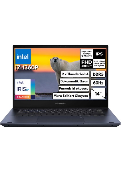 Expertbook B5 Flip I7-1360P 40-GBDDR55 256 GB SSD 14" Fhd IPS Touch Windows 11 Pro Taşınabilir Bilgisayar B5402FVA-I7161TBB1D BT35