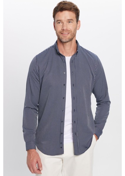 Erkek Slim Fit Dar Kesim Pamuklu Çizgili Düğmeli Yaka Gömlek fiyatları