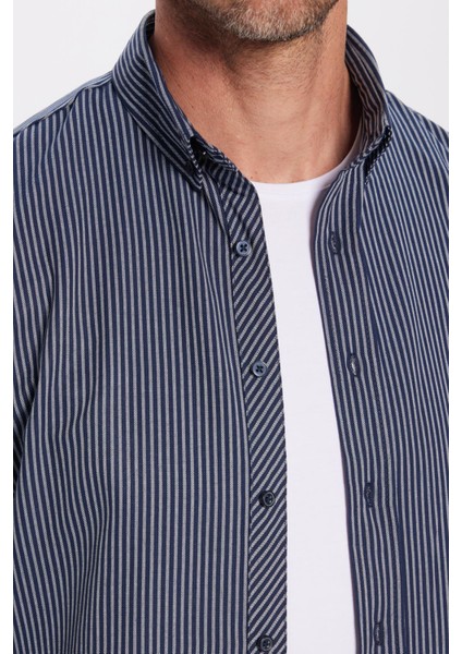 Erkek Slim Fit Dar Kesim Pamuklu Çizgili Düğmeli Yaka Gömlek modelleri