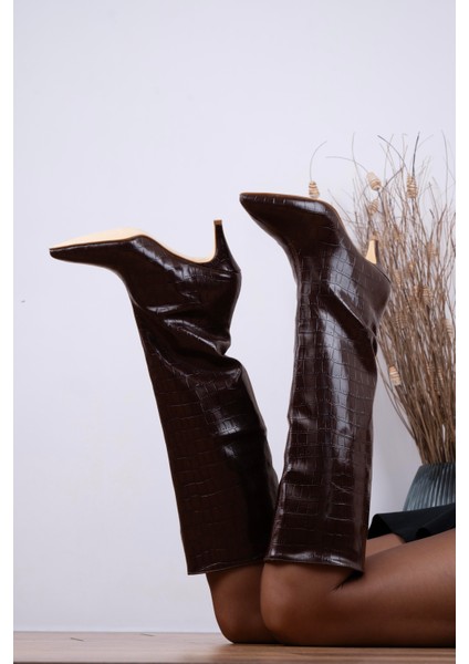 İnce Topuklu Uzun Çizme Acı Kahve Croco