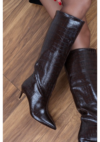 İnce Topuklu Uzun Çizme Acı Kahve Croco fiyatları