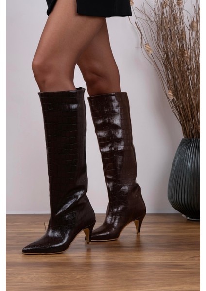 İnce Topuklu Uzun Çizme Acı Kahve Croco modelleri