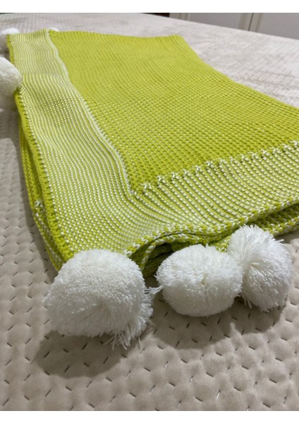 Fıstık Yeşili Triko Örgülü Battaniye ve Şal, Ponponlu, 130x170, Akrilik fiyatları