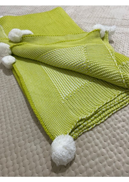 Fıstık Yeşili Triko Örgülü Battaniye ve Şal, Ponponlu, 130x170, Akrilik fırsatları