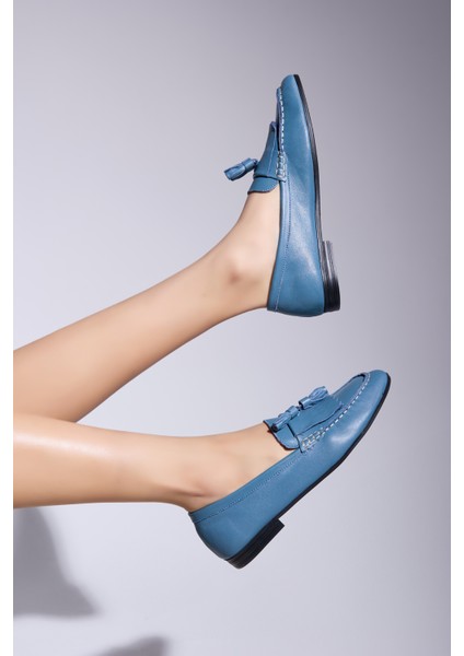 Maya Hakiki Deri Kadın Loafer - Mavi