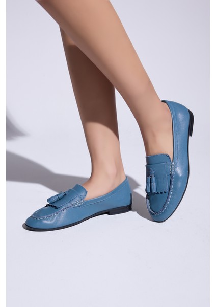 Maya Hakiki Deri Kadın Loafer - Mavi