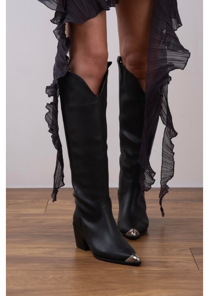 Siyah Kovboy Çizme Metal Uçlu Konforlu Kullanım 51 cm Yükseklik 7,5 cm Topuk fiyatları