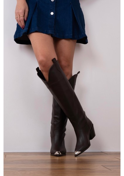 Acı Kahve Metal Detaylı Kovboy Çizme Yüksek Topuk 7,5 cm Kadın fiyatları