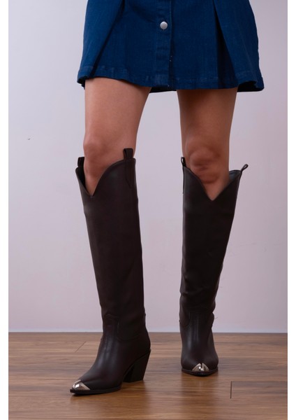 Acı Kahve Metal Detaylı Kovboy Çizme Yüksek Topuk 7,5 cm Kadın modelleri