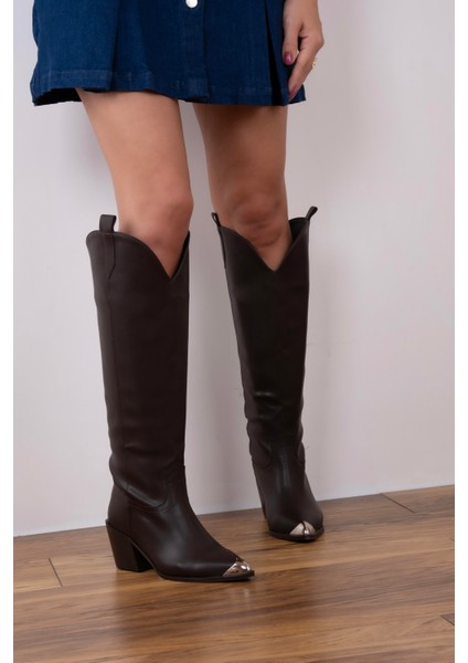 Acı Kahve Metal Detaylı Kovboy Çizme Yüksek Topuk 7,5 cm Kadın fırsatları