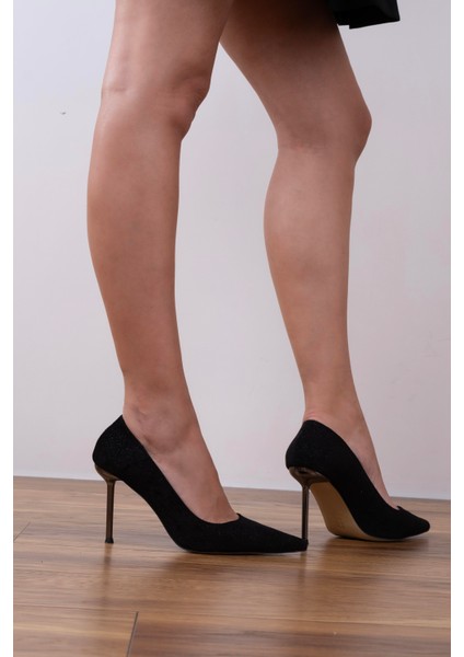 Platin Topuk Detaylı Stiletto Simli Siyah Süet