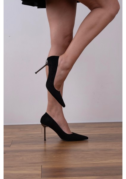 Platin Topuk Detaylı Stiletto Simli Siyah Süet