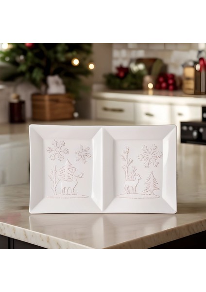 New Year Yılbaşı Snowy Servis Tabağı 26 cm Beyaz