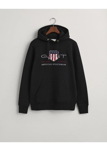 Erkek Regular Fit Kapüşonlu Logolu Sweatshirt-Siyah