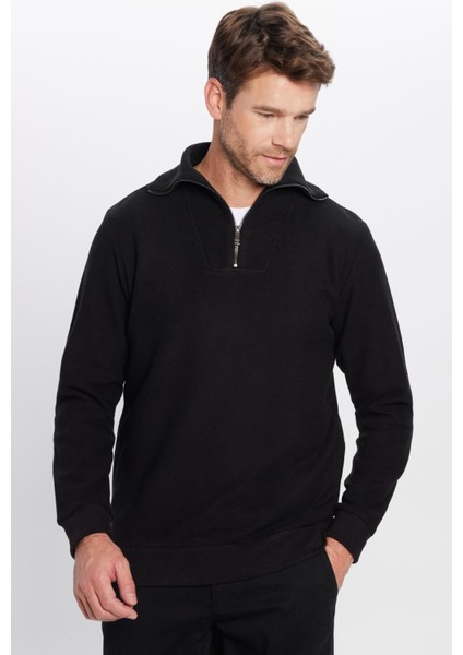 Relax Fit Rahat Kesim Fitilli Desenli Pamuklu Yarım Fermuarlı Siyah Dik Yaka Sweatshirt