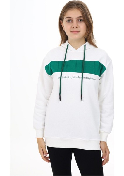 Yeşil Şerit Detaylı Uni Beyaz Kapüşonlu Sweatshirt