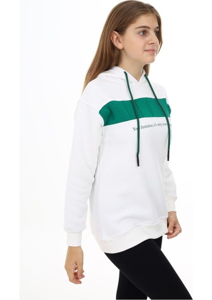 Yeşil Şerit Detaylı Uni Beyaz Kapüşonlu Sweatshirt