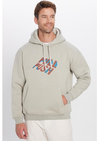 Oversize Geniş Kesim Pamuklu Yumuşak Dokulu Içi Polarlı Baskılı Taş Renk Kapüşonlu Sweatshirt modelleri