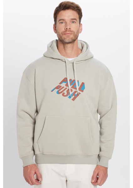 Oversize Geniş Kesim Pamuklu Yumuşak Dokulu Içi Polarlı Baskılı Taş Renk Kapüşonlu Sweatshirt indirimleri