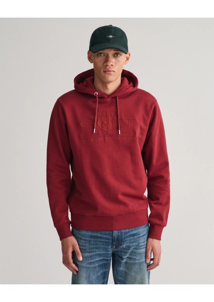 Erkek Regular Fit Kapüşonlu Logolu Sweatshirt-Bordo