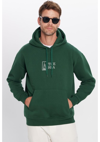 Oversize Geniş Kesim Pamuklu Yumuşak Dokulu İçi Polarlı Baskılı Yeşil Kapüşonlu Sweatshirt