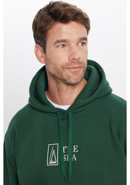 Oversize Geniş Kesim Pamuklu Yumuşak Dokulu İçi Polarlı Baskılı Yeşil Kapüşonlu Sweatshirt modelleri