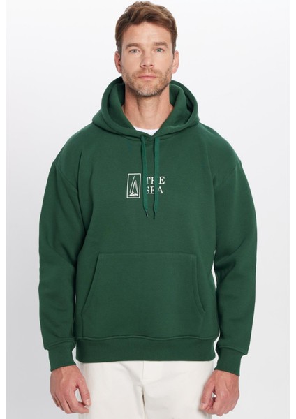 Oversize Geniş Kesim Pamuklu Yumuşak Dokulu İçi Polarlı Baskılı Yeşil Kapüşonlu Sweatshirt indirimleri