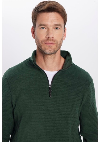 Standart Fit Rahat Kesim Tüylenme Yapmayan Soğuk Geçirmez Dik Yaka Haki Polar Sweatshirt