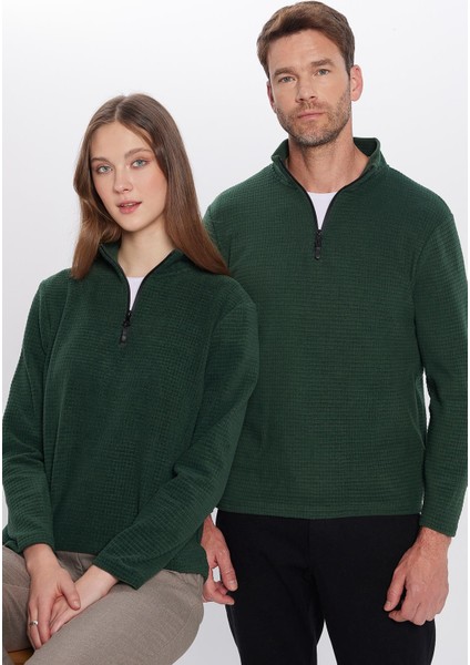 Standart Fit Rahat Kesim Tüylenme Yapmayan Soğuk Geçirmez Dik Yaka Haki Polar Sweatshirt modelleri