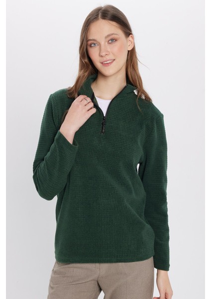 Standart Fit Rahat Kesim Tüylenme Yapmayan Soğuk Geçirmez Dik Yaka Haki Polar Sweatshirt fırsatları