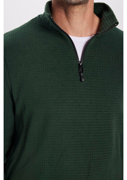 Standart Fit Rahat Kesim Tüylenme Yapmayan Soğuk Geçirmez Dik Yaka Haki Polar Sweatshirt indirimleri