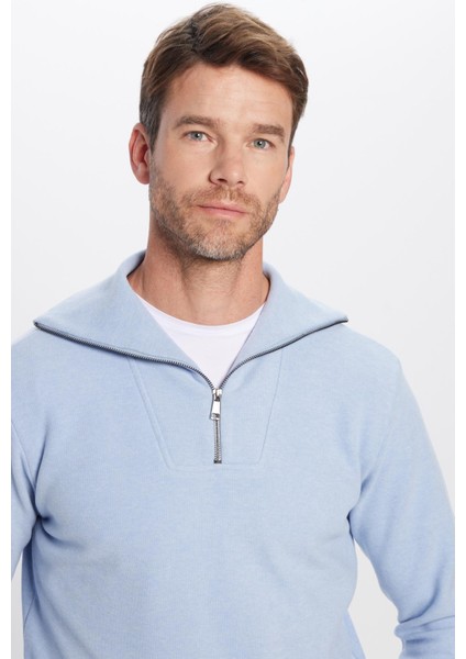 Unisex Relax Fit Rahat Kesim Fitilli Desenli Pamuklu Yarım Fermuarlı Mavi Dik Yaka Sweatshirt