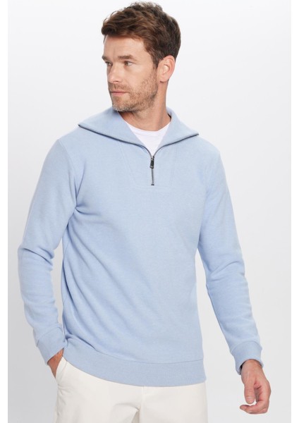 Unisex Relax Fit Rahat Kesim Fitilli Desenli Pamuklu Yarım Fermuarlı Mavi Dik Yaka Sweatshirt