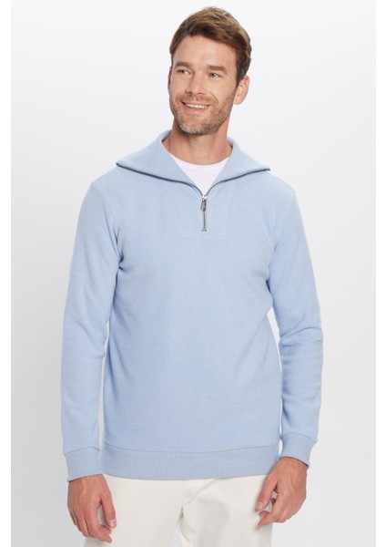 Unisex Relax Fit Rahat Kesim Fitilli Desenli Pamuklu Yarım Fermuarlı Mavi Dik Yaka Sweatshirt