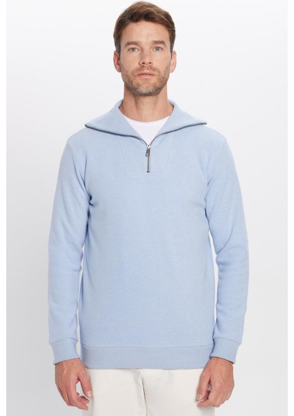 Unisex Relax Fit Rahat Kesim Fitilli Desenli Pamuklu Yarım Fermuarlı Mavi Dik Yaka Sweatshirt