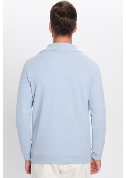 Unisex Relax Fit Rahat Kesim Fitilli Desenli Pamuklu Yarım Fermuarlı Mavi Dik Yaka Sweatshirt