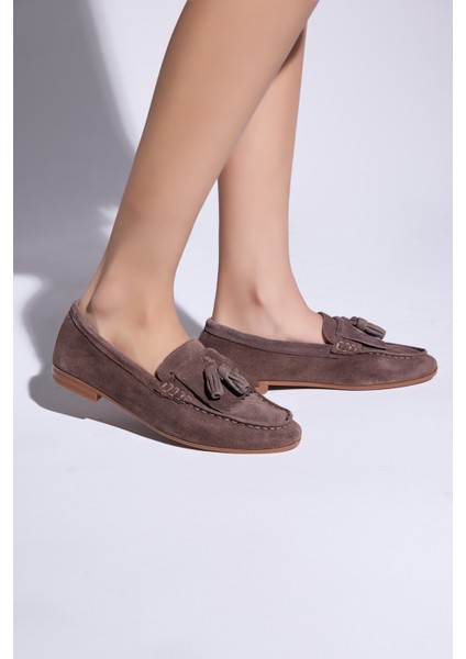Maya Hakiki Deri Kadın Loafer - Kahverengi Süet