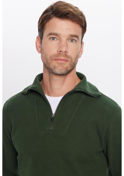 Relax Fit Rahat Kesim Fitilli Desenli Pamuklu Yarım Fermuarlı yeşil Dik Yaka Sweatshirt