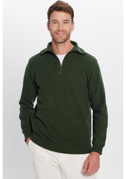 Relax Fit Rahat Kesim Fitilli Desenli Pamuklu Yarım Fermuarlı yeşil Dik Yaka Sweatshirt fiyatları