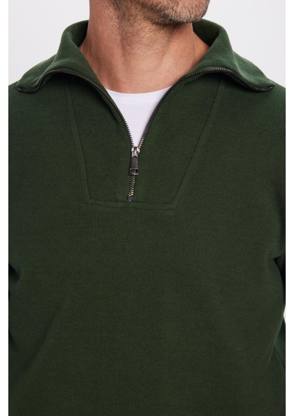 Relax Fit Rahat Kesim Fitilli Desenli Pamuklu Yarım Fermuarlı yeşil Dik Yaka Sweatshirt modelleri