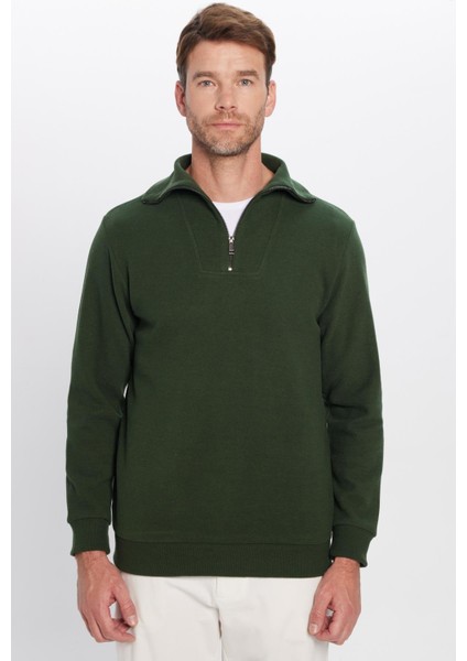 Relax Fit Rahat Kesim Fitilli Desenli Pamuklu Yarım Fermuarlı yeşil Dik Yaka Sweatshirt fırsatları